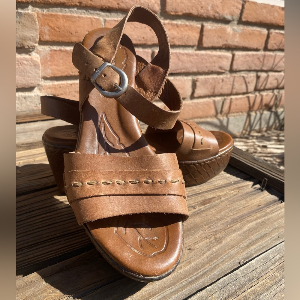 Born Namibia Leather Platform Sandals - Brown Strappy Wedge - Size 10/42